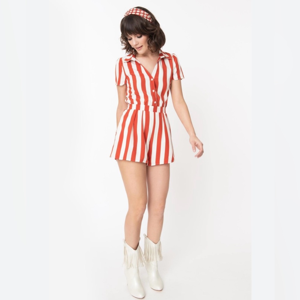 Unique Vintage Retro Style Rust & Ivory Stripe Romper, size Large